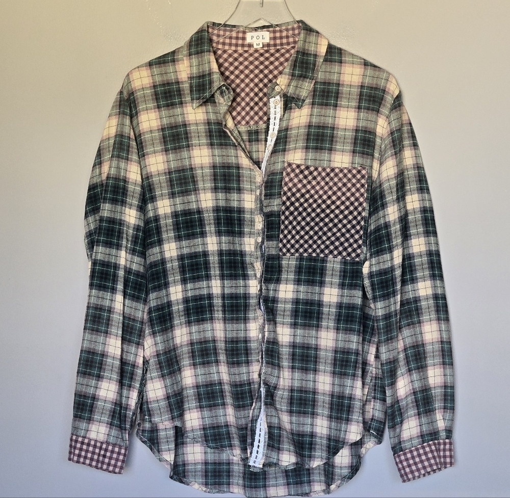 POL Contrast Flannel Plaid Check Lace Button Down Shirt Relaxed Boyfriend Fit M - Picture 4 of 14